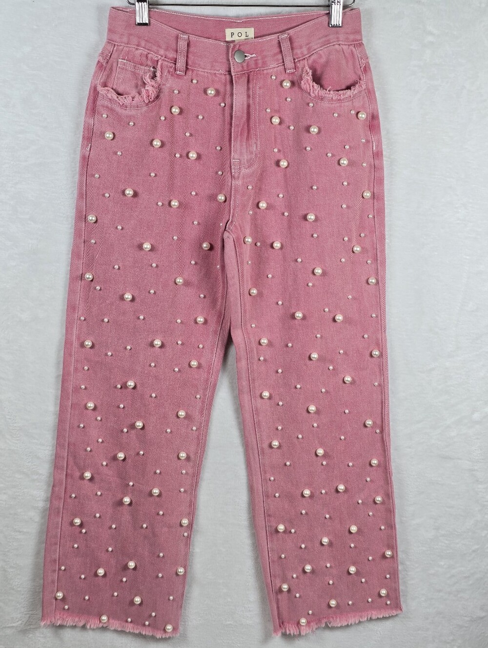 POL Pink Pearl Embellished Jeans Women's Sz.S Frayed Raw Edges Cottagecore Artsy - Picture 8 of 16